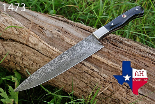 CUSTOMS HAND FORGED DAMASCUS STEEL CHEF'S KNIFE & BULL HORN HANDLE