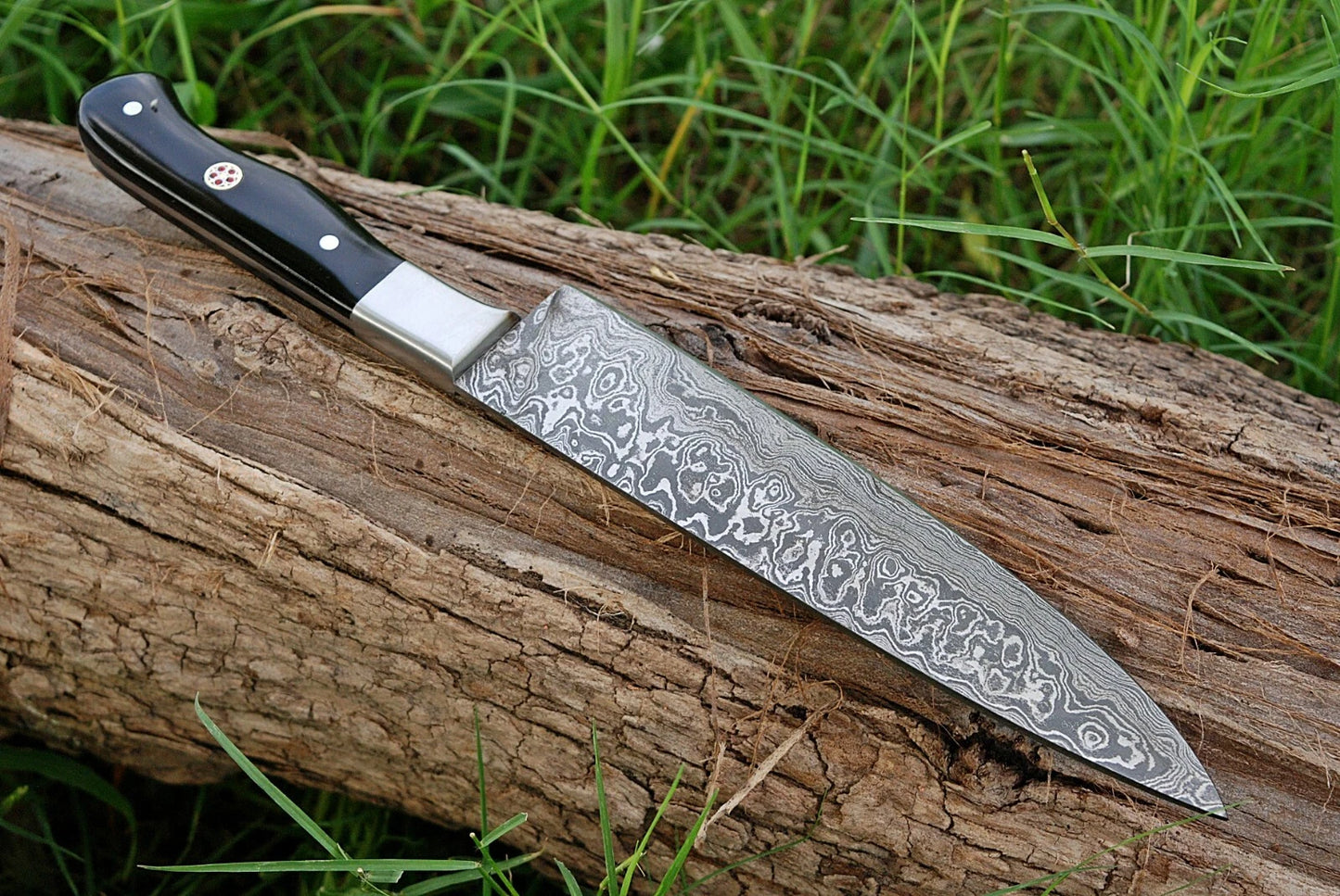 CUSTOMS HAND FORGED DAMASCUS STEEL CHEF'S KNIFE & BULL HORN HANDLE