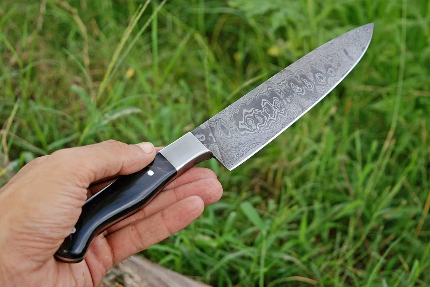 CUSTOMS HAND FORGED DAMASCUS STEEL CHEF'S KNIFE & BULL HORN HANDLE