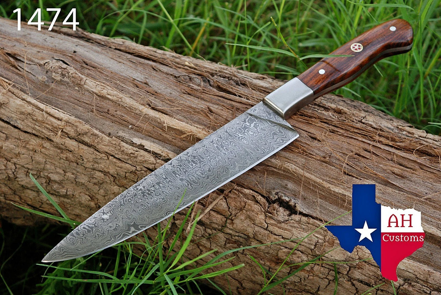 CUSTOMS HAND FORGED DAMASCUS STEEL CHEF'S KNIFE W/WOOD & BOLSTER HANDLE