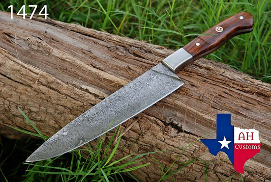 CUSTOMS HAND FORGED DAMASCUS STEEL CHEF'S KNIFE W/WOOD & BOLSTER HANDLE