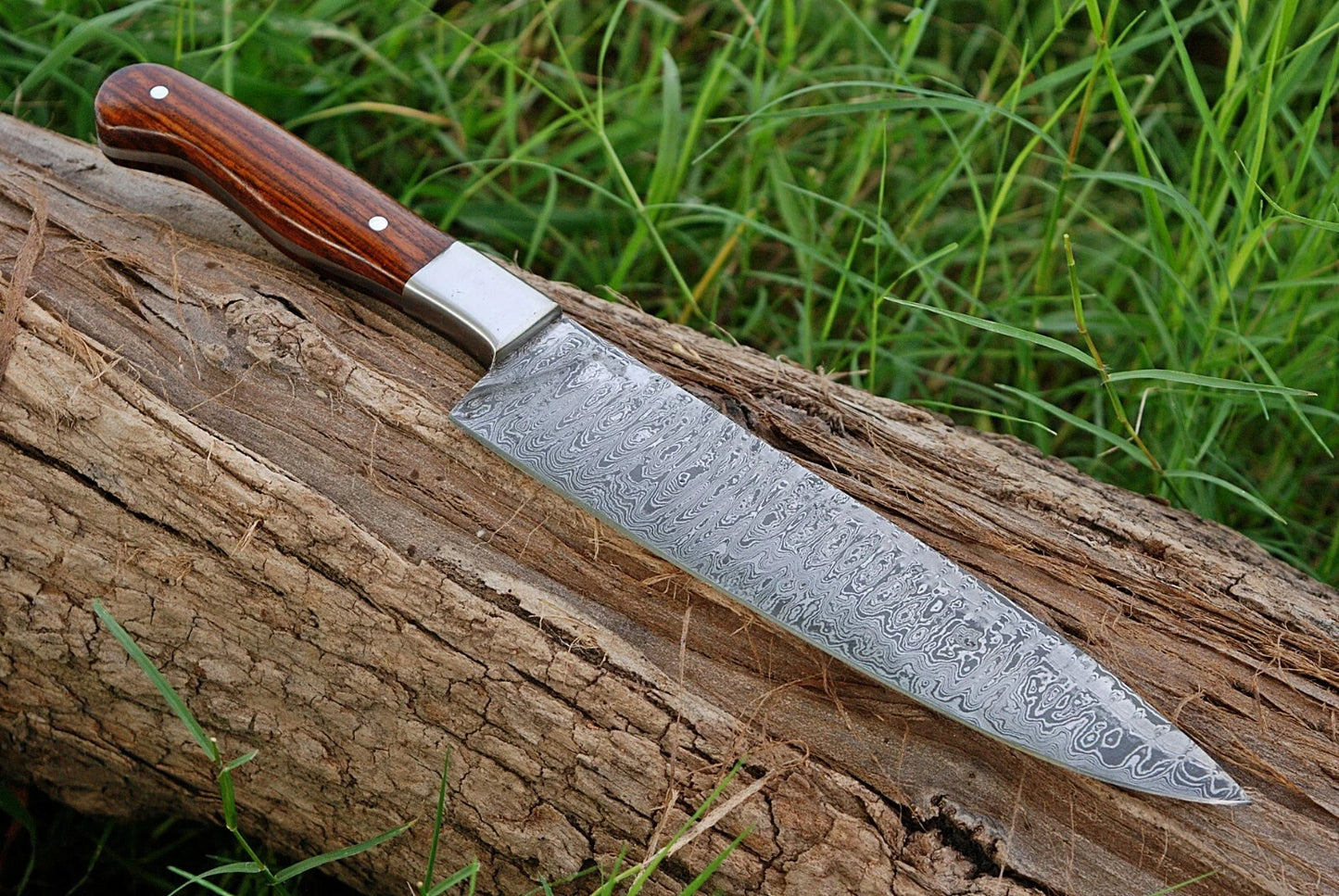 CUSTOMS HAND FORGED DAMASCUS STEEL CHEF'S KNIFE W/WOOD & BOLSTER HANDLE
