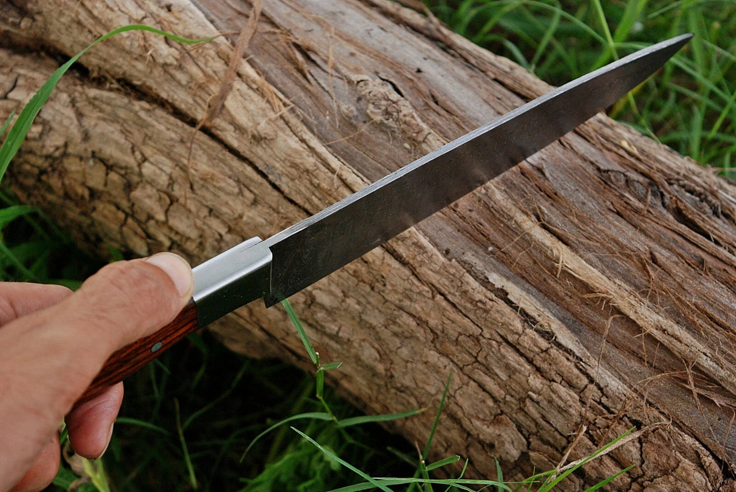 CUSTOMS HAND FORGED DAMASCUS STEEL CHEF'S KNIFE W/WOOD & BOLSTER HANDLE