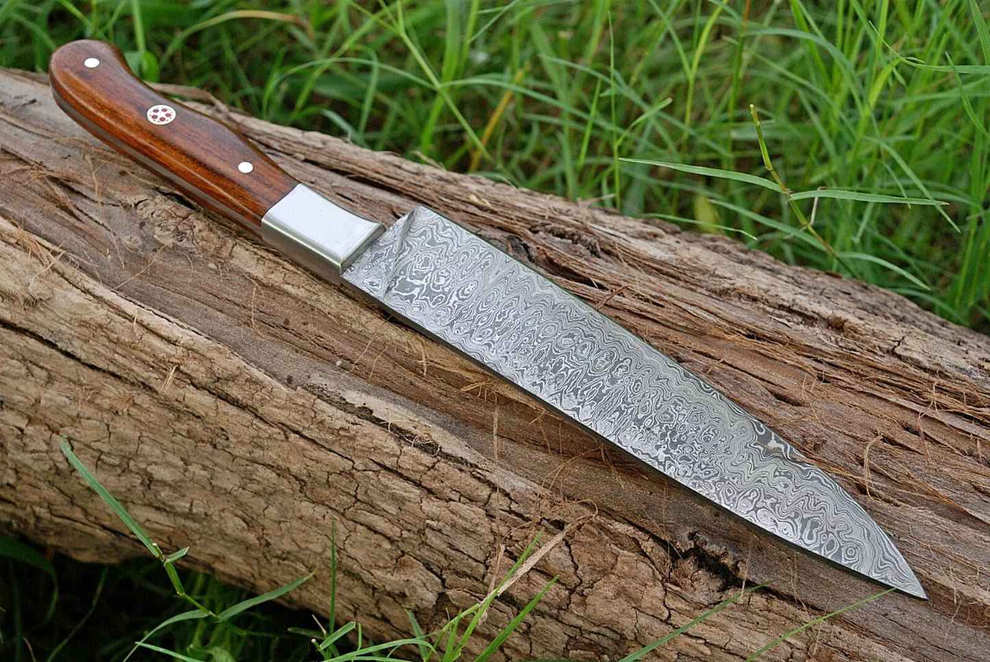 CUSTOMS HAND FORGED DAMASCUS STEEL CHEF'S KNIFE W/WOOD & BOLSTER HANDLE