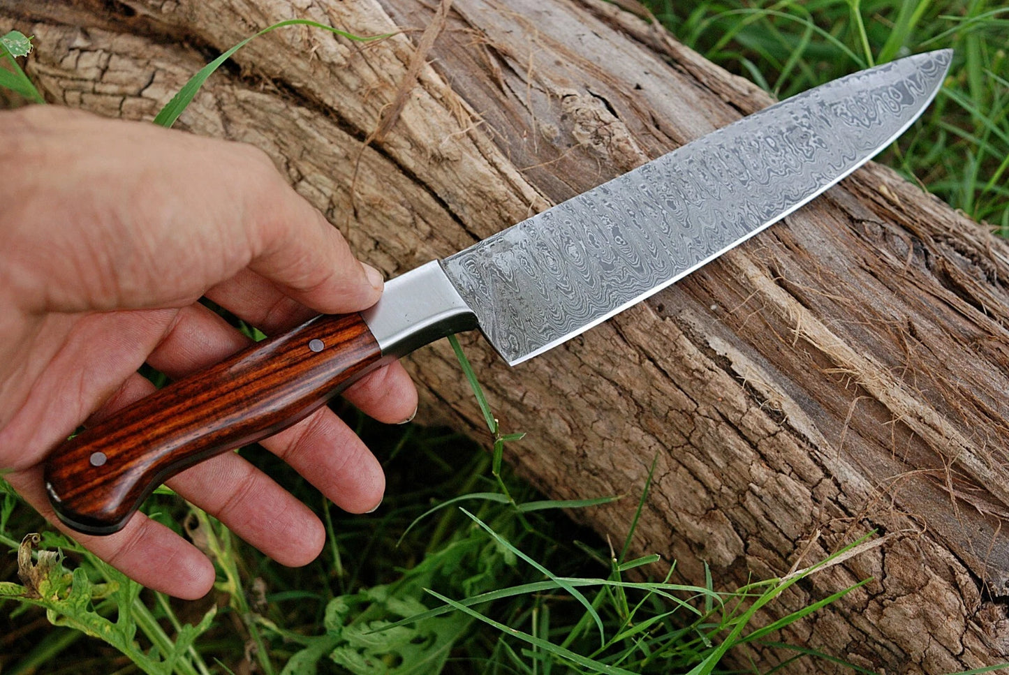 CUSTOMS HAND FORGED DAMASCUS STEEL CHEF'S KNIFE W/WOOD & BOLSTER HANDLE