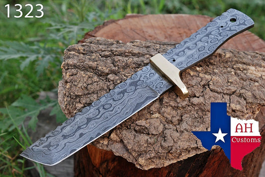 CUSTOM HAND FORGED DAMASCUS STEEL BLANK BLADE TANTO KNIFE W/BRASS BOLSTER