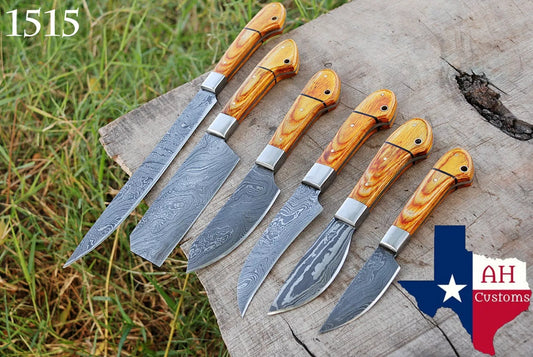 6 HAND FORGED DAMASCUS STEEL CHEF KITCHEN KNIFE SET W/STAIN WOOD HANDLE