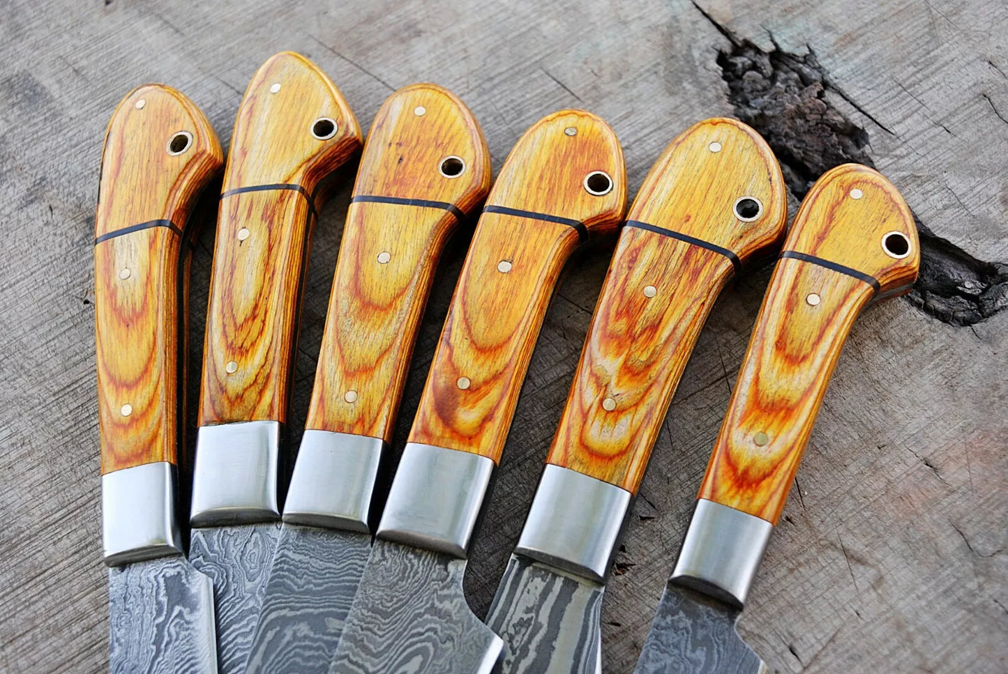6 HAND FORGED DAMASCUS STEEL CHEF KITCHEN KNIFE SET W/STAIN WOOD HANDLE