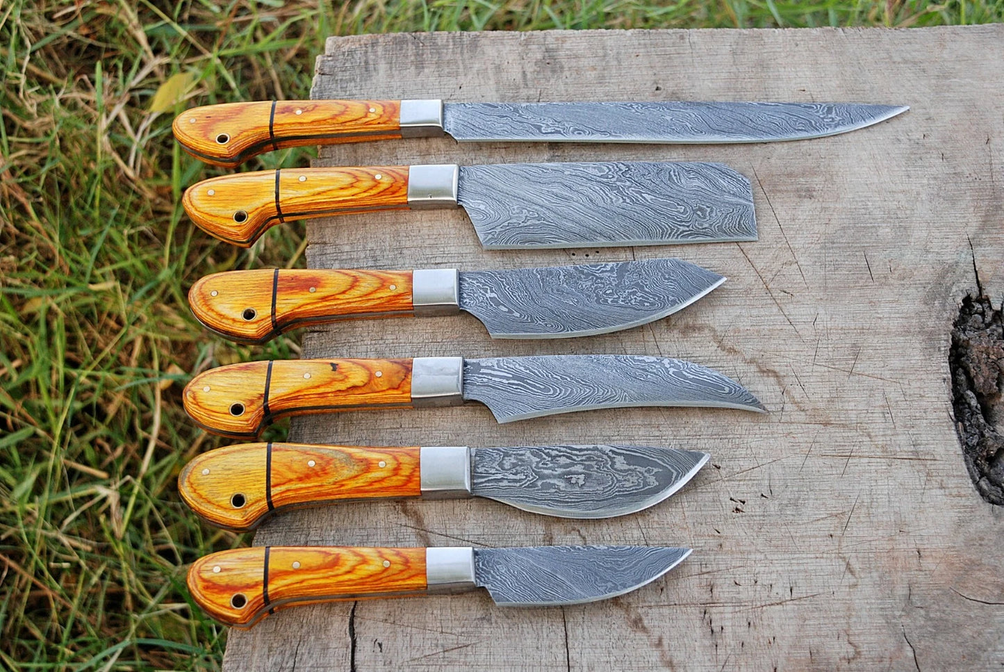 6 HAND FORGED DAMASCUS STEEL CHEF KITCHEN KNIFE SET W/STAIN WOOD HANDLE