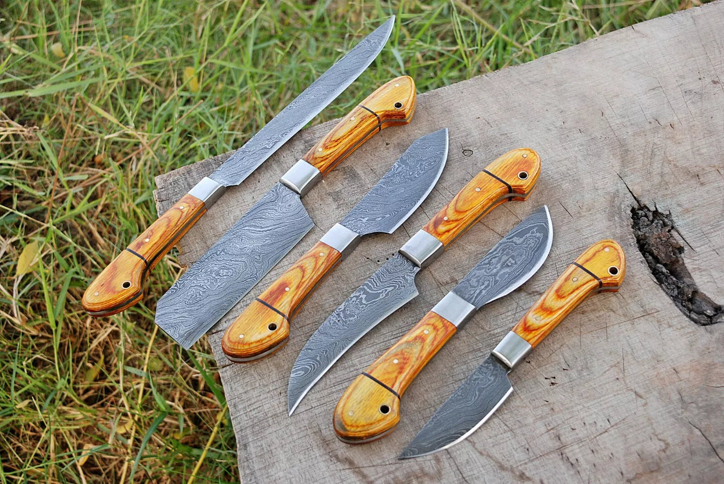 6 HAND FORGED DAMASCUS STEEL CHEF KITCHEN KNIFE SET W/STAIN WOOD HANDLE