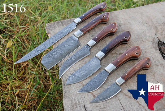 6 HAND FORGED DAMASCUS STEEL CHEF KITCHEN KNIFE SET W/ WOOD HANDLE