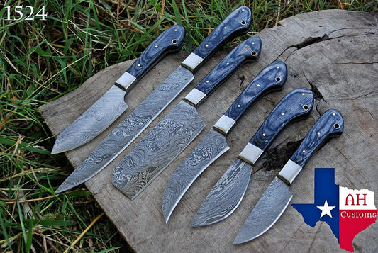 6 HAND FORGED DAMASCUS STEEL CHEF KITCHEN KNIFE SET W/STAIN WOOD HANDLE