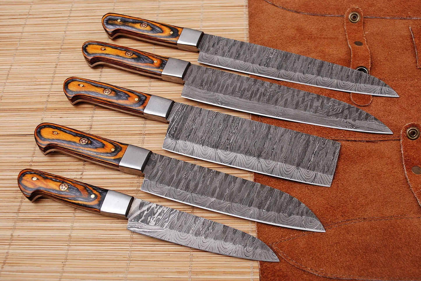 5 HAND FORGED DAMASCUS STEEL CHEF KITCHEN KNIFE SET W/STAIN WOOD HANDLE