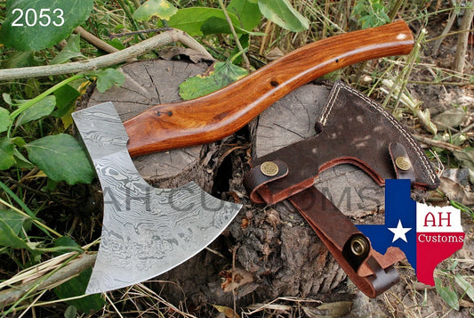 CUSTOM DAMASCUS STEEL TOMAHAWK , HATCHET , AXE ,INTEGRAL , AXE + SHEATH