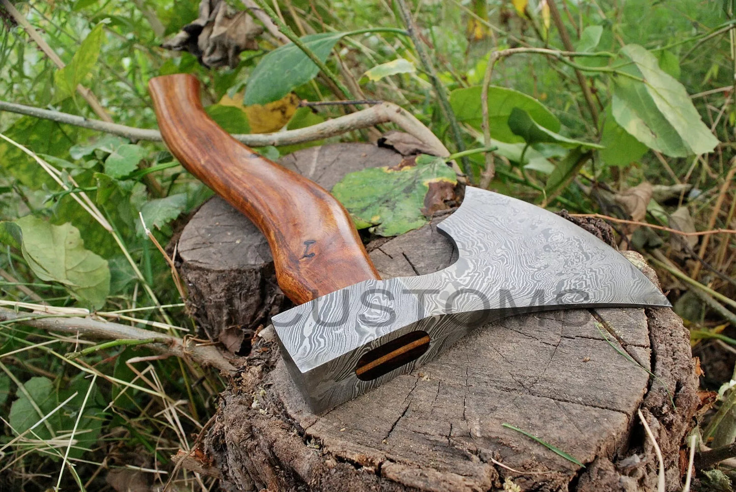CUSTOM DAMASCUS STEEL TOMAHAWK , HATCHET , AXE ,INTEGRAL , AXE + SHEATH