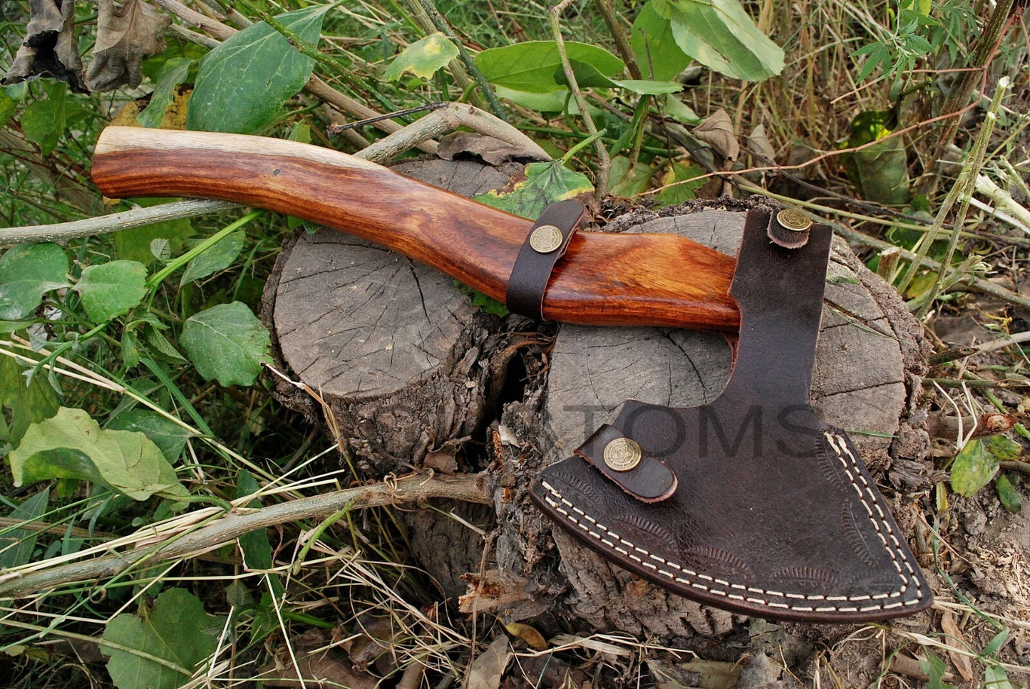 CUSTOM DAMASCUS STEEL TOMAHAWK , HATCHET , AXE ,INTEGRAL , AXE + SHEATH