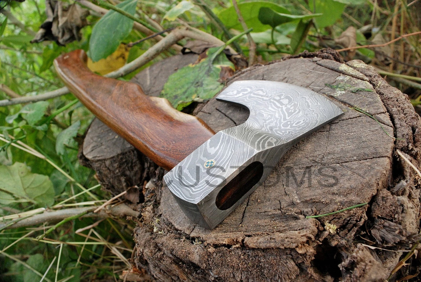 CUSTOM DAMASCUS STEEL TOMAHAWK , HATCHET , AXE ,INTEGRAL , AXE + SHEATH