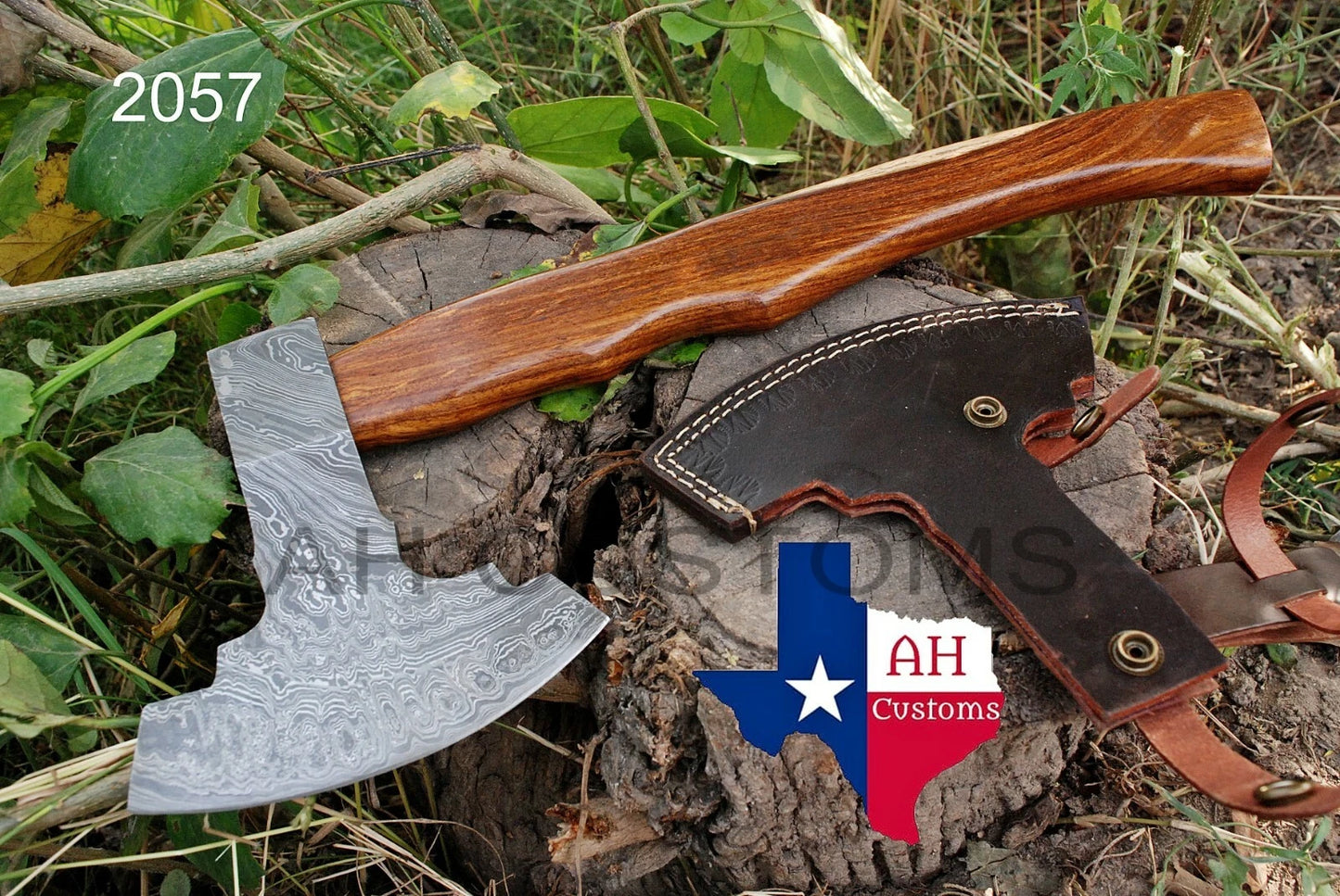 CUSTOM DAMASCUS STEEL TOMAHAWK , HATCHET , AXE ,INTEGRAL , AXE + SHEATH