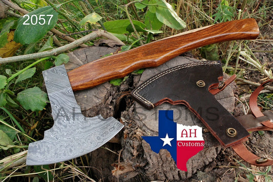 CUSTOM DAMASCUS STEEL TOMAHAWK , HATCHET , AXE ,INTEGRAL , AXE + SHEATH