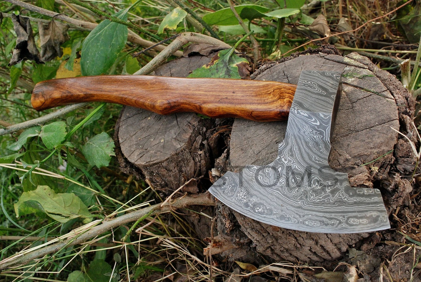 CUSTOM DAMASCUS STEEL TOMAHAWK , HATCHET , AXE ,INTEGRAL , AXE + SHEATH