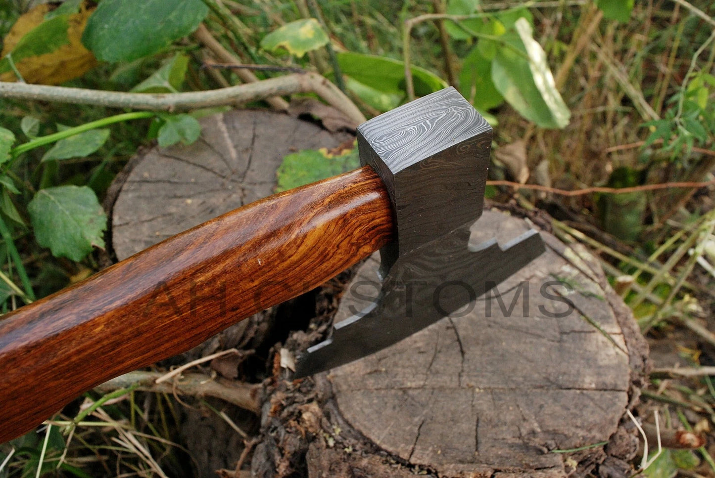 CUSTOM DAMASCUS STEEL TOMAHAWK , HATCHET , AXE ,INTEGRAL , AXE + SHEATH
