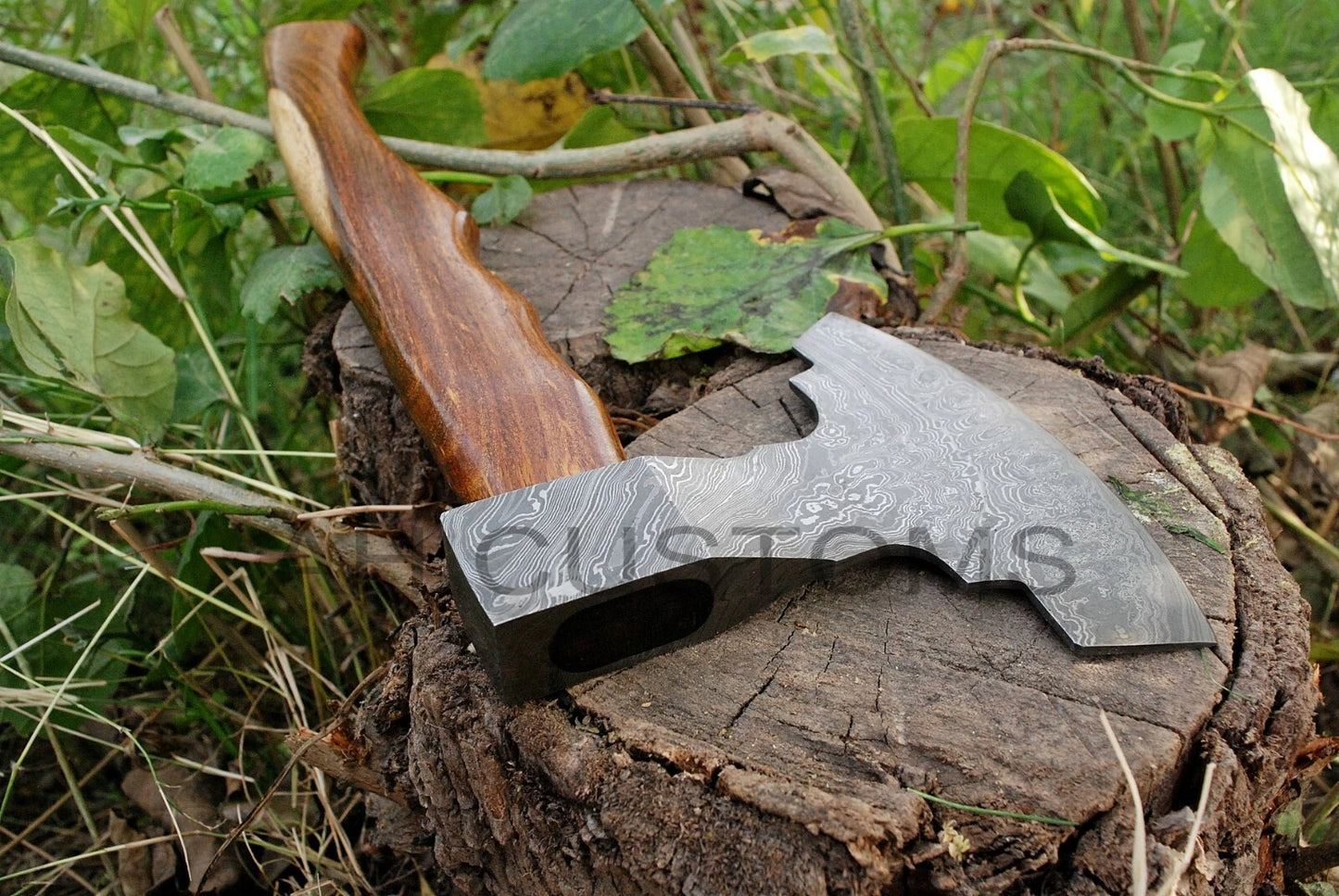 CUSTOM DAMASCUS STEEL TOMAHAWK , HATCHET , AXE ,INTEGRAL , AXE + SHEATH