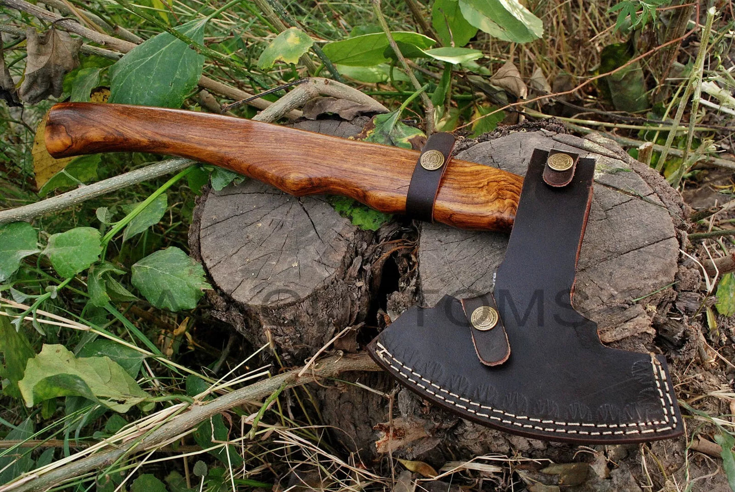 CUSTOM DAMASCUS STEEL TOMAHAWK , HATCHET , AXE ,INTEGRAL , AXE + SHEATH