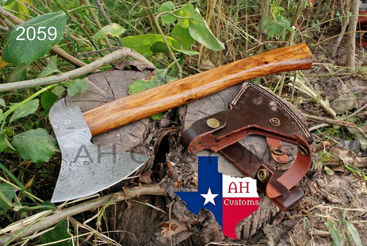 CUSTOM DAMASCUS STEEL TOMAHAWK , HATCHET , AXE ,INTEGRAL , AXE + SHEATH