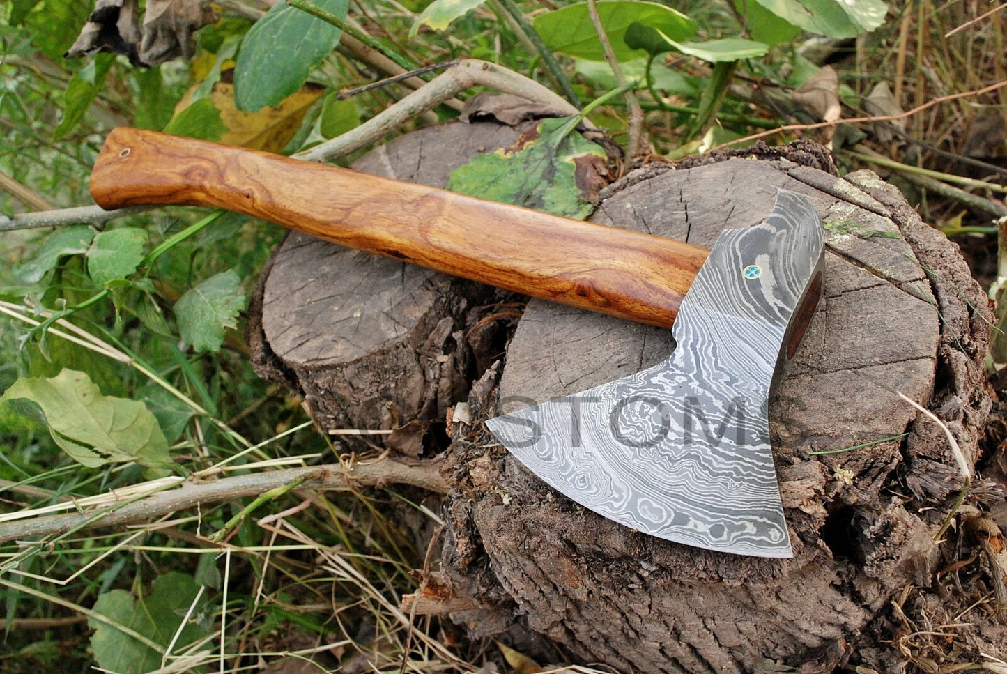 CUSTOM DAMASCUS STEEL TOMAHAWK , HATCHET , AXE ,INTEGRAL , AXE + SHEATH