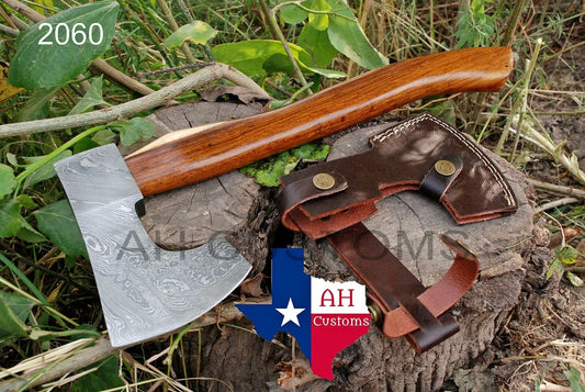 CUSTOM DAMASCUS STEEL TOMAHAWK , HATCHET , AXE ,INTEGRAL , AXE + SHEATH