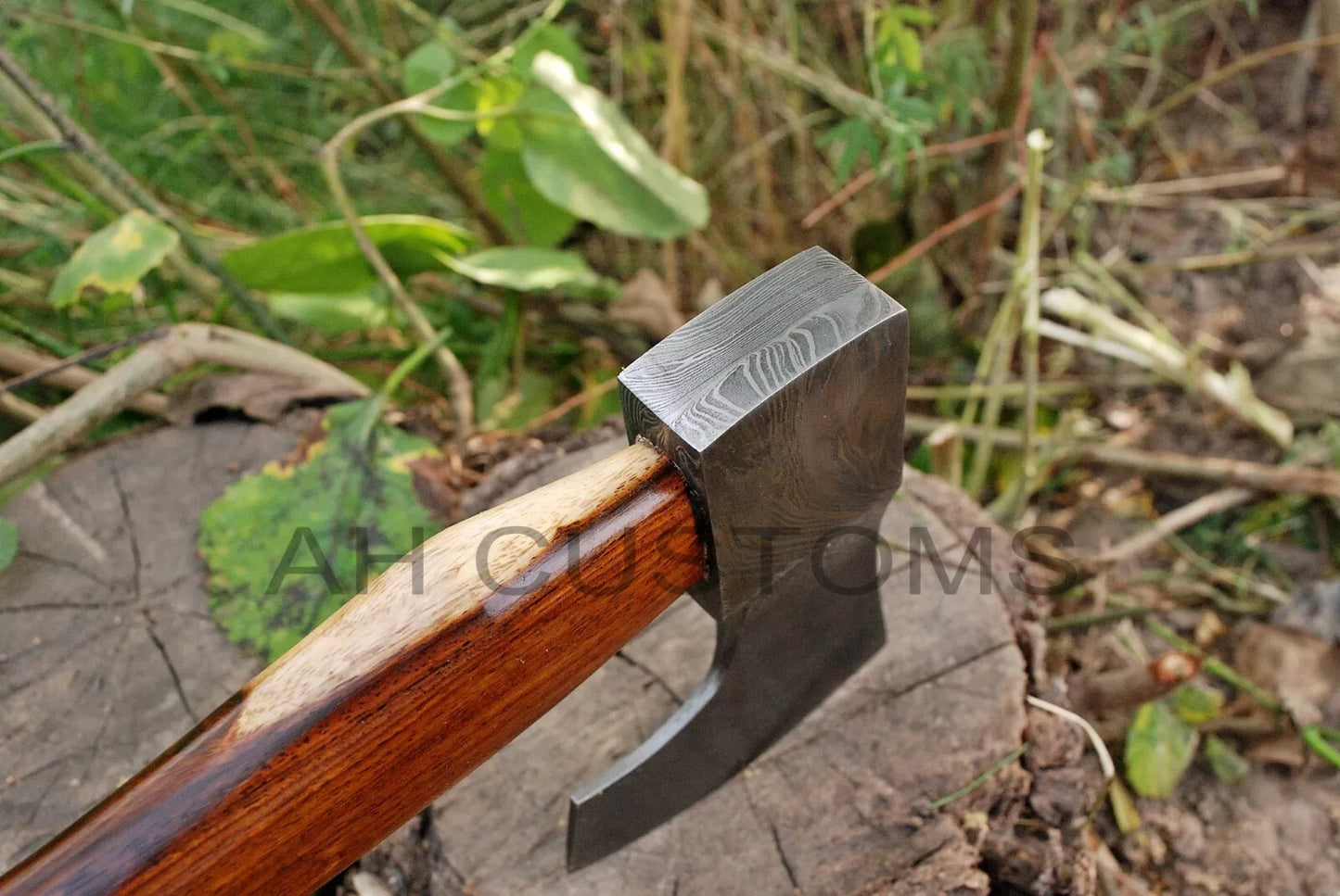 CUSTOM DAMASCUS STEEL TOMAHAWK , HATCHET , AXE ,INTEGRAL , AXE + SHEATH