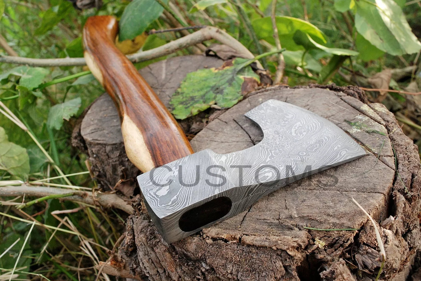 CUSTOM DAMASCUS STEEL TOMAHAWK , HATCHET , AXE ,INTEGRAL , AXE + SHEATH