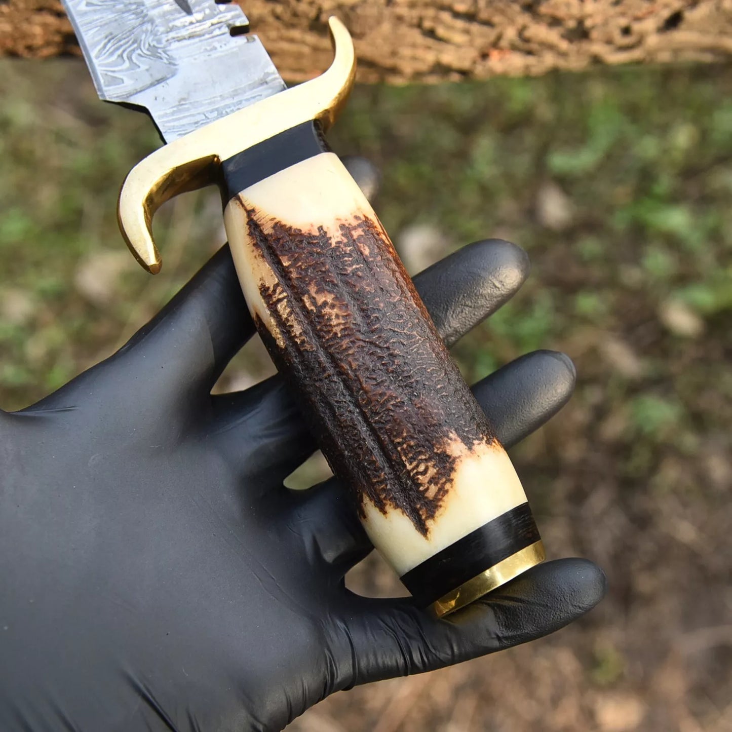 Custom made Forged Damascus Steel Hunting Bowie Knife brass & Bone Handle
