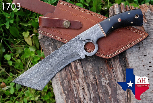 12”CUSTOM HAND FORGED DAMASCUS STEEL TANTO KUKRI KNIFE W/HORN HANDLE