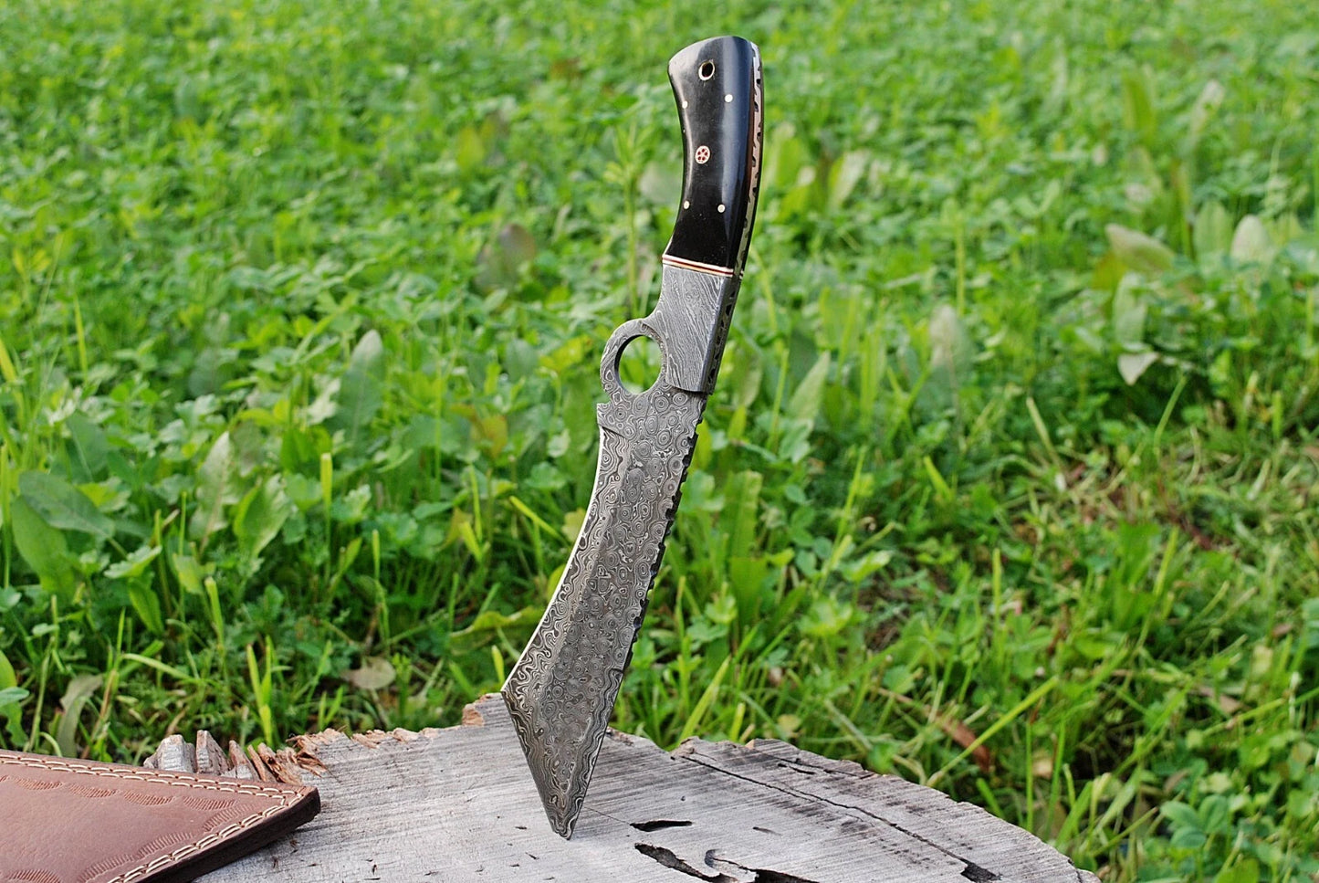 12”CUSTOM HAND FORGED DAMASCUS STEEL TANTO KUKRI KNIFE W/HORN HANDLE