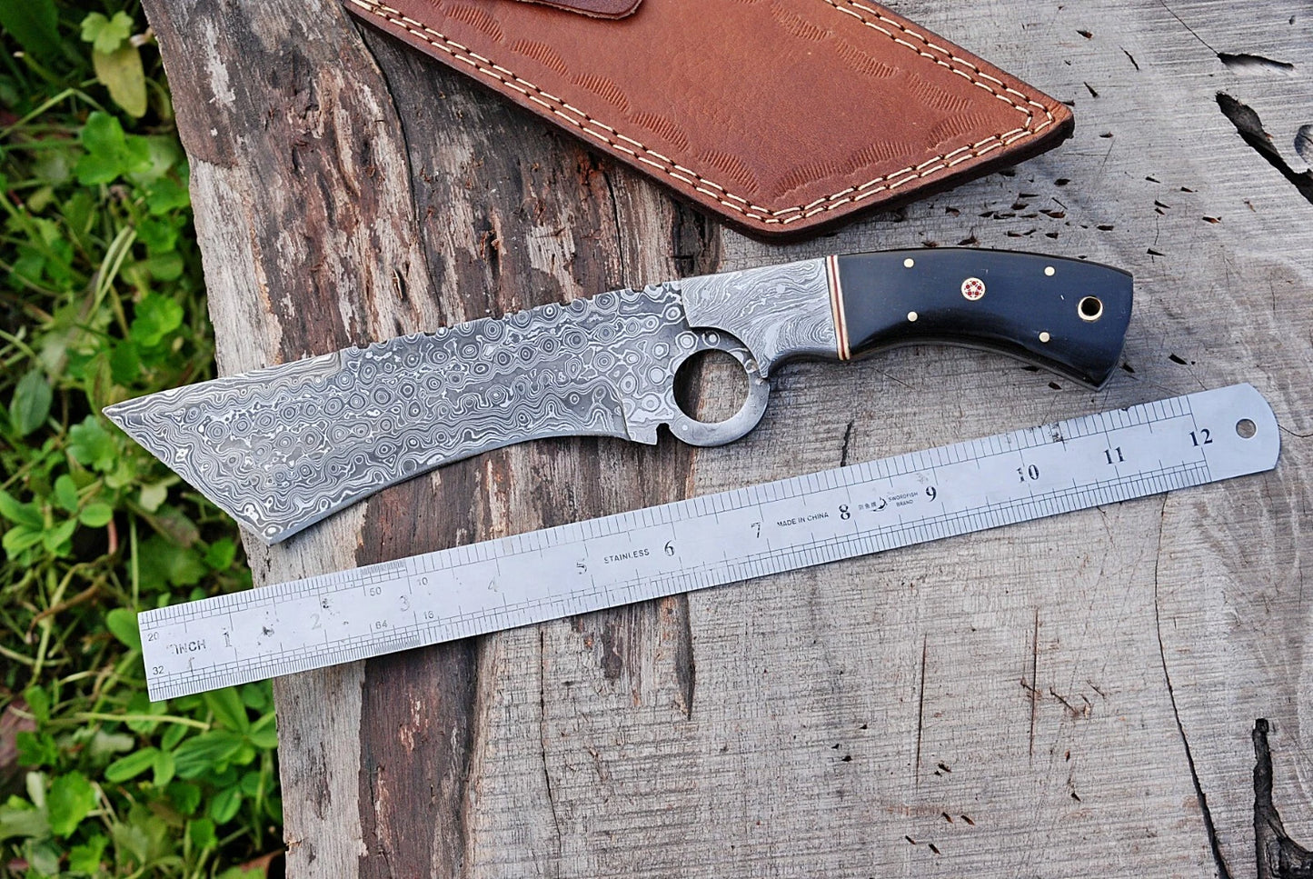12”CUSTOM HAND FORGED DAMASCUS STEEL TANTO KUKRI KNIFE W/HORN HANDLE