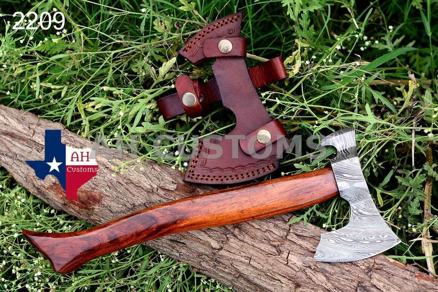 CUSTOM HAND FORGED DAMASCUS STEEL AXE WITH WOOD HANDLE