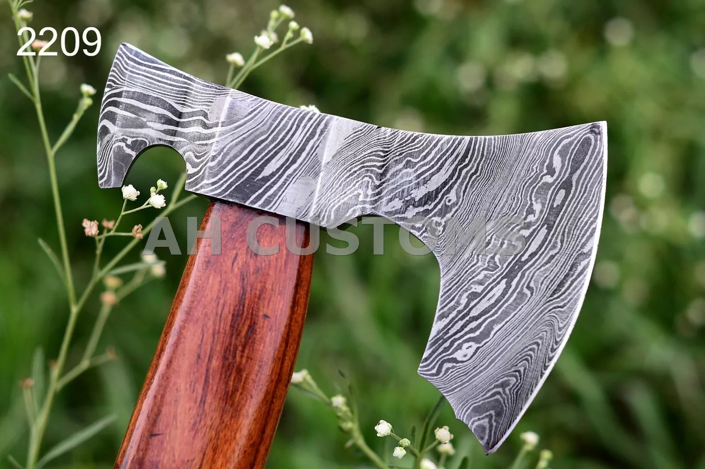 CUSTOM HAND FORGED DAMASCUS STEEL AXE WITH WOOD HANDLE