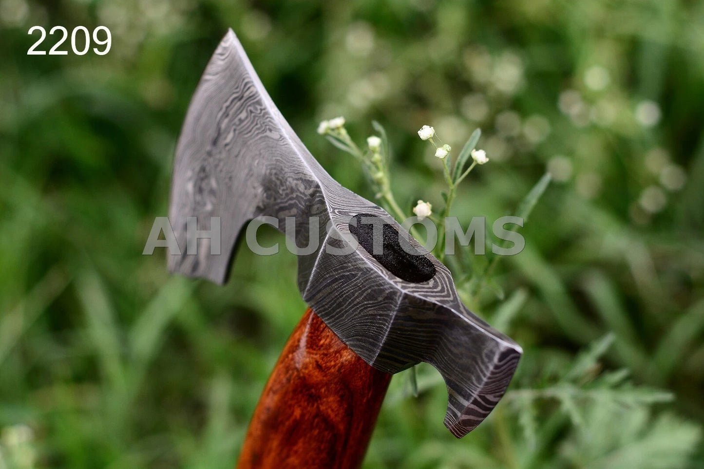 CUSTOM HAND FORGED DAMASCUS STEEL AXE WITH WOOD HANDLE