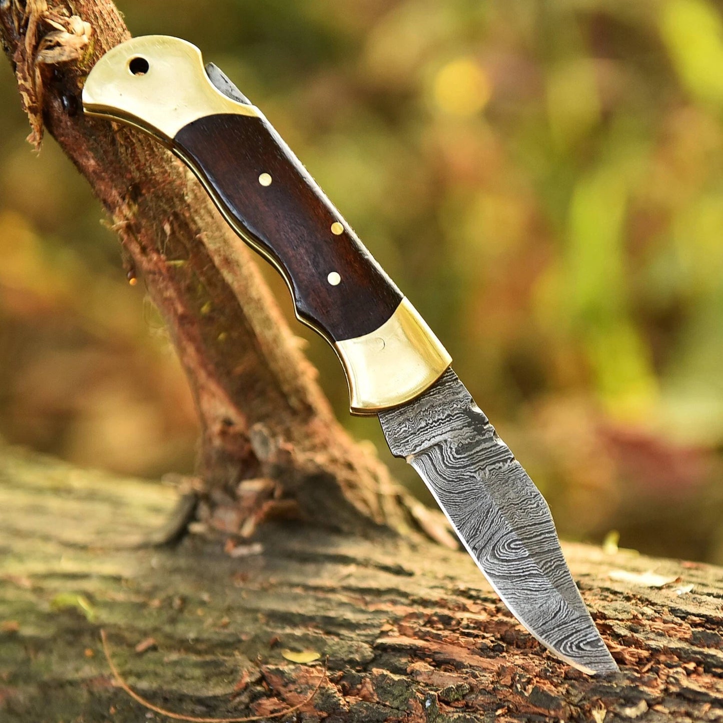 Damascus handmade Back Lock Folding Pocket knife camping Hunting Knife wid Pouch