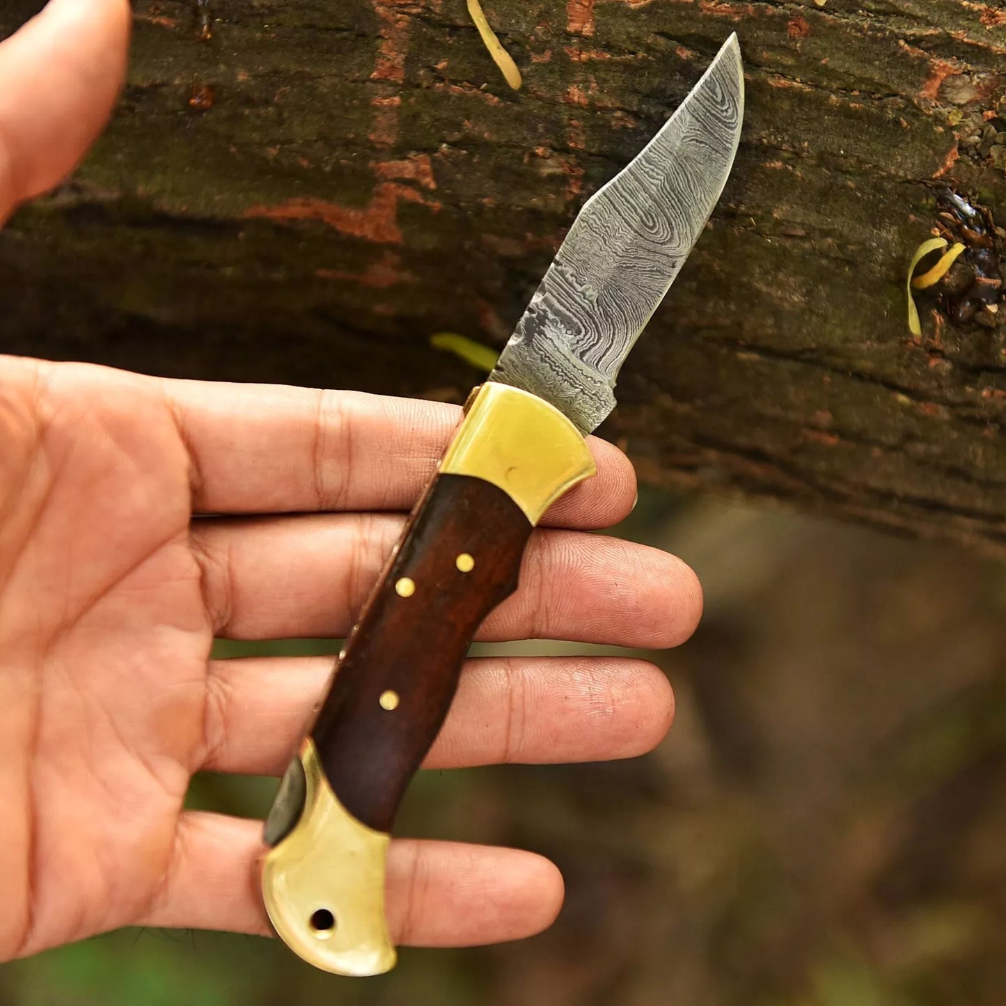 Damascus handmade Back Lock Folding Pocket knife camping Hunting Knife wid Pouch