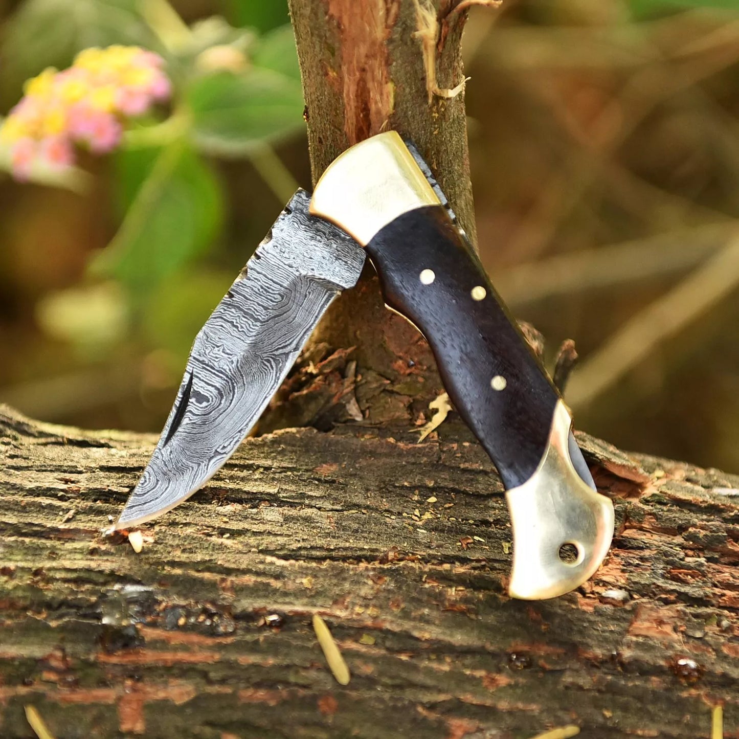 Damascus handmade Back Lock Folding Pocket knife camping Hunting Knife wid Pouch