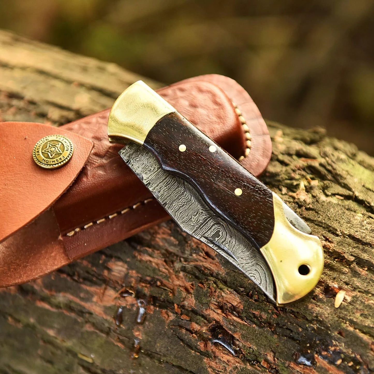 Damascus handmade Back Lock Folding Pocket knife camping Hunting Knife wid Pouch