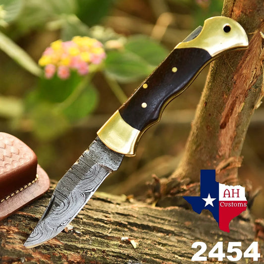 Damascus handmade Back Lock Folding Pocket knife camping Hunting Knife wid Pouch