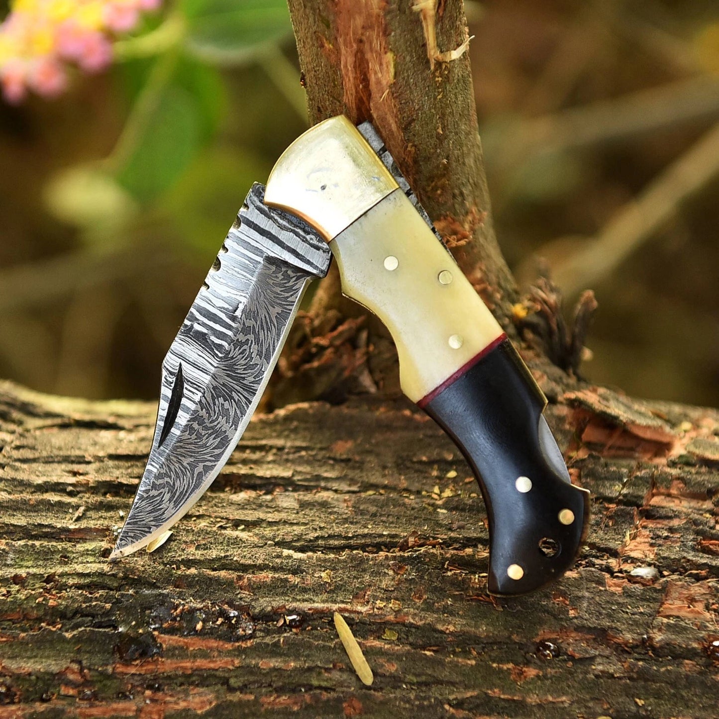 HANDMADE DAMASCUS STEEL FOLDING POCKET KNIFE SKINNING HUNTING SURVIVAL