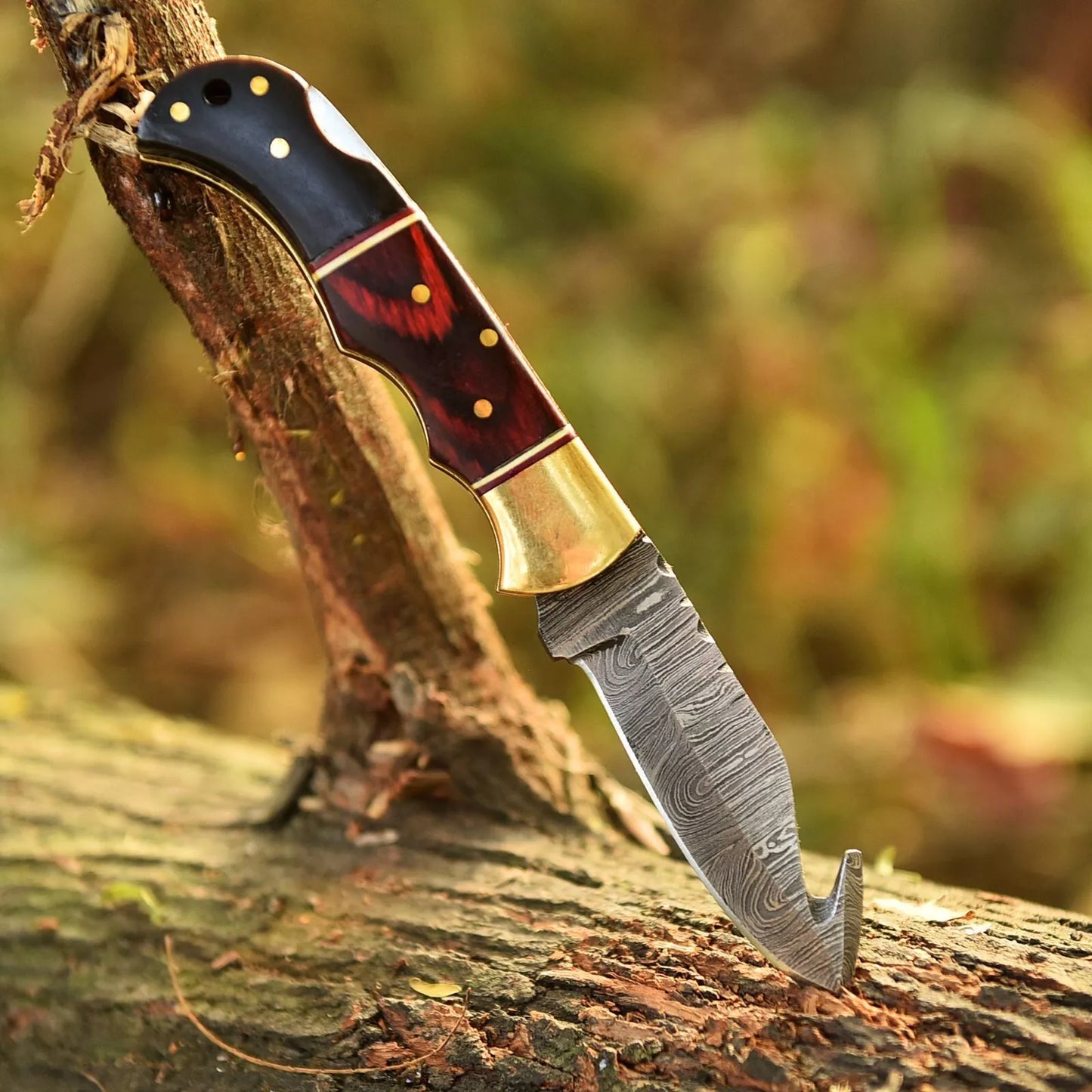 Real Damascus Folding Gut-Hook Blade Pocket Knife Skinning Tactical Bone Handle