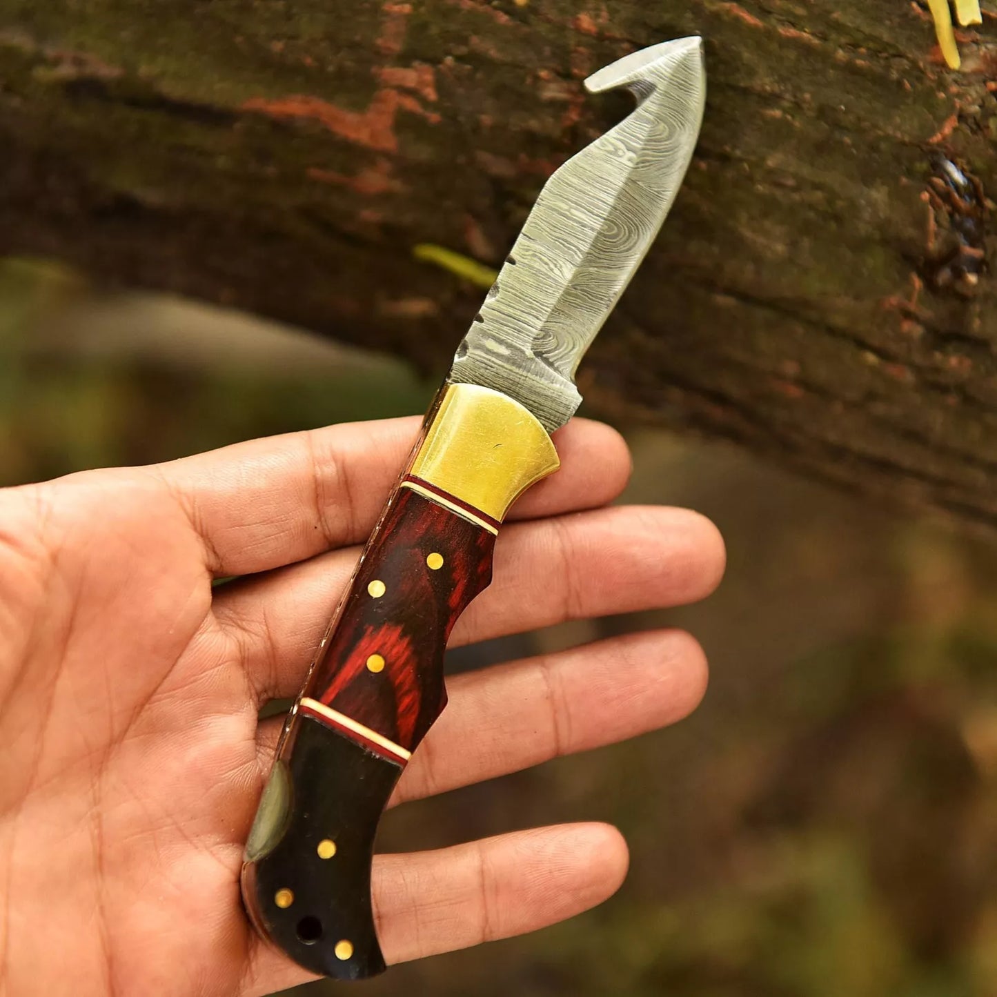 Real Damascus Folding Gut-Hook Blade Pocket Knife Skinning Tactical Bone Handle