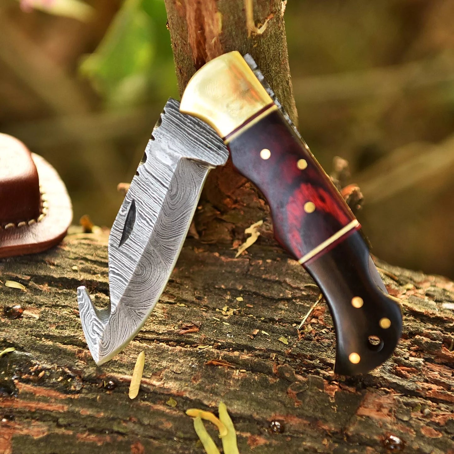 Real Damascus Folding Gut-Hook Blade Pocket Knife Skinning Tactical Bone Handle
