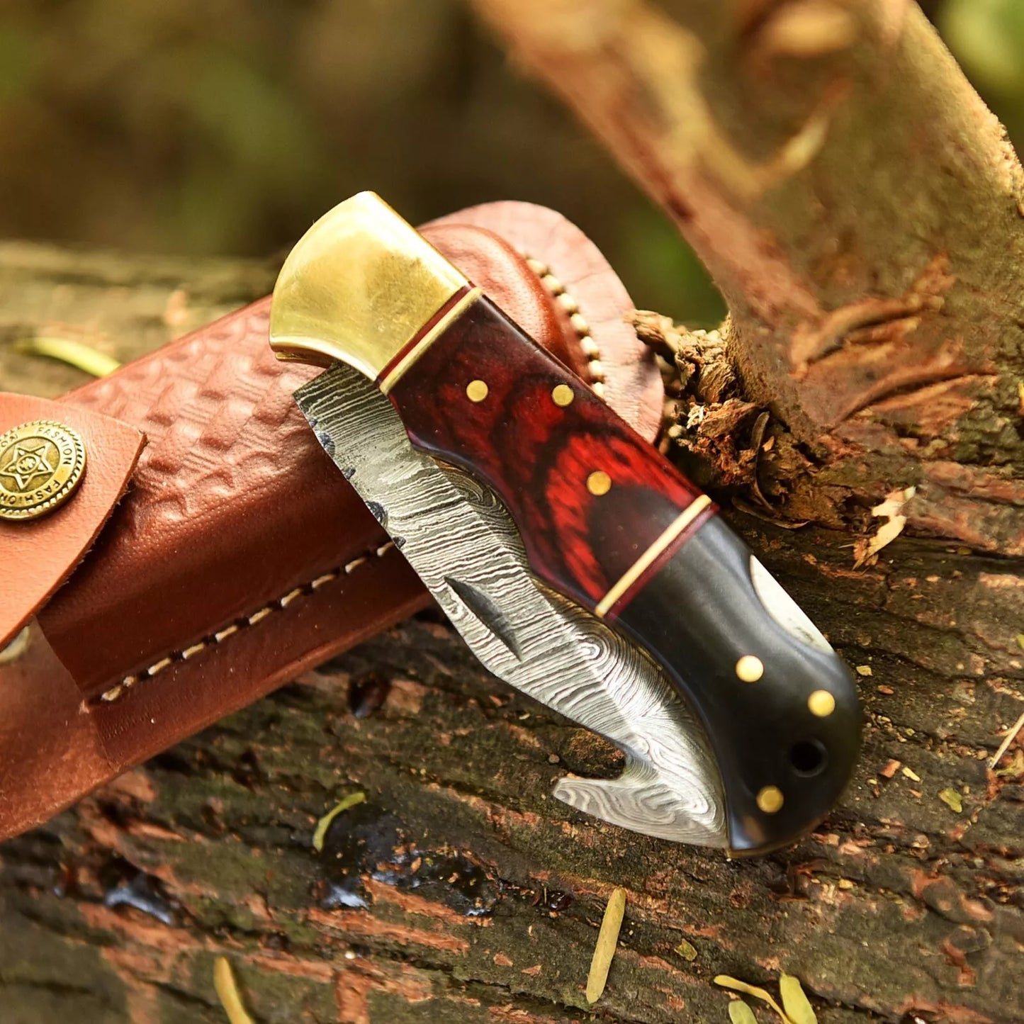 Real Damascus Folding Gut-Hook Blade Pocket Knife Skinning Tactical Bone Handle