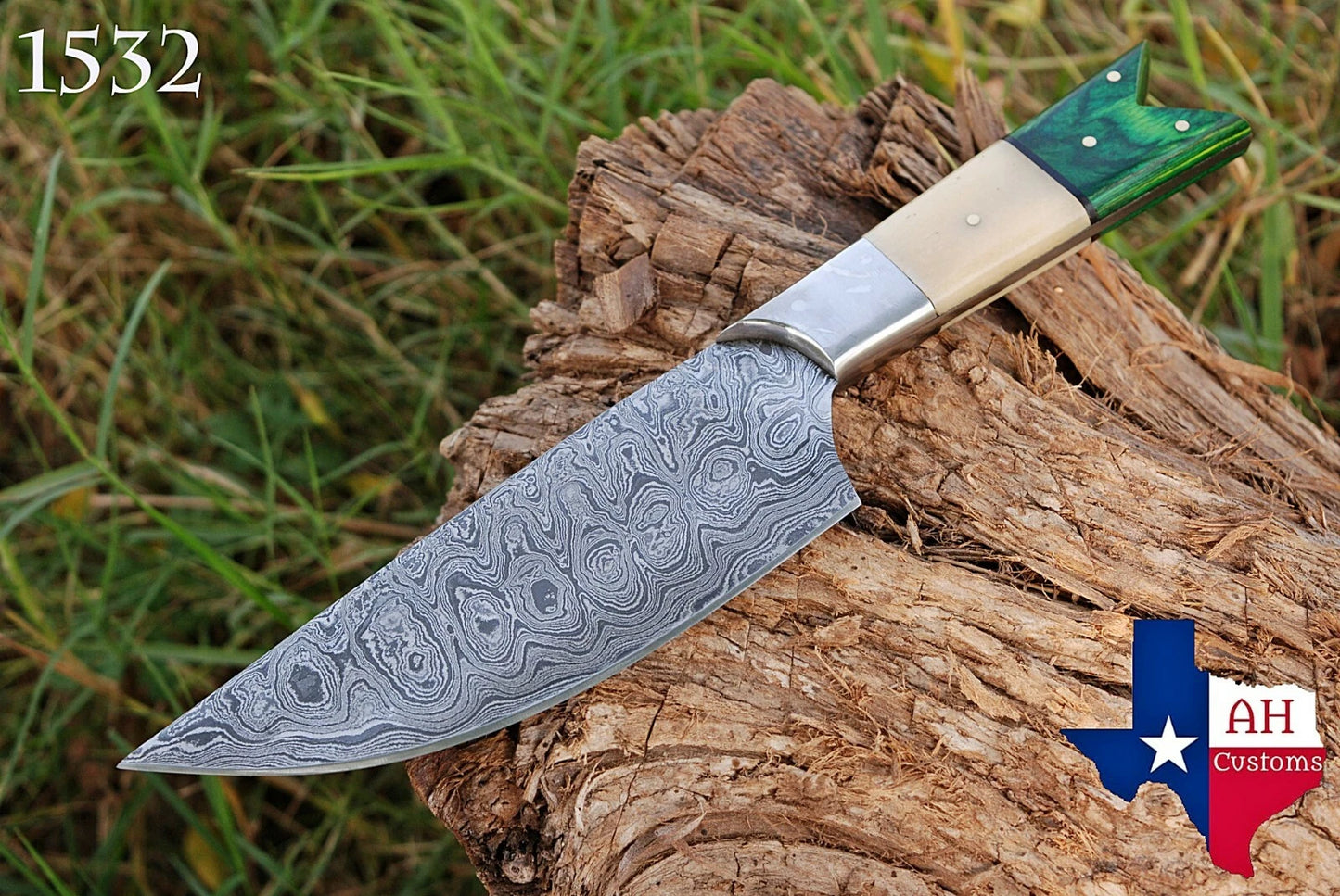 HAND FORGED DAMASCUS STEEL CHEF KNIFE W/ CAMEL BONE & WOOD HANDLE